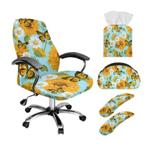 Butterfly Daisy Sunflower 5-Pc Office Chair Protector Set: Elastic Cover, Armrest Slipcovers, PU Leather Remote Holder & Tissue Box Cover