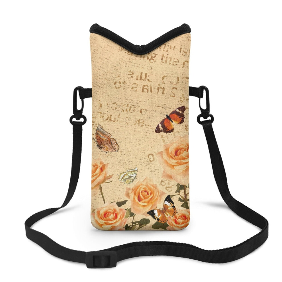 Neoprene Cellphone Sleeve Bag, 4"X8", Shockproof, Adjustable Crossbody Strap & Hook-And-Loop Fastener, Vintage Rose Butterfly Â Compatible With 9482726278450