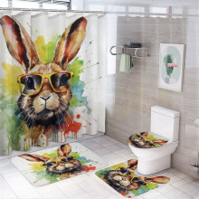 4-Pc Watercolor Rabbit Shower Set w/ Curtain, Rug, Toilet Cover & U-Shaped Mat – Compatible with Easter Bunny Theme