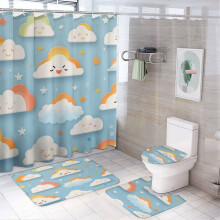 Cute Orange & Blue Rainbow Cloud Shower Curtain Set (4-Pc) with Non-Slip Rug, Toilet Lid Cover & Bath Mat – Waterproof, Compatible with Standard