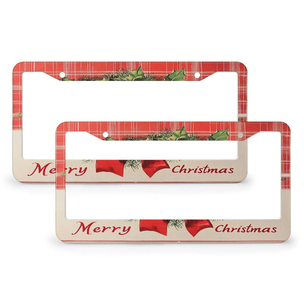 Vintage Christmas Wreath License Plate Frame With Holly & Bow Print Â 2 Pcs, Compatible With Standard Plates, Aluminum 9464372674299