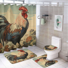 4-Pc Shower Curtain Set w/ Non-Slip Rugs & Toilet Lid Rug – Retro Rooster Vintage Farm Style, Waterproof & Durable