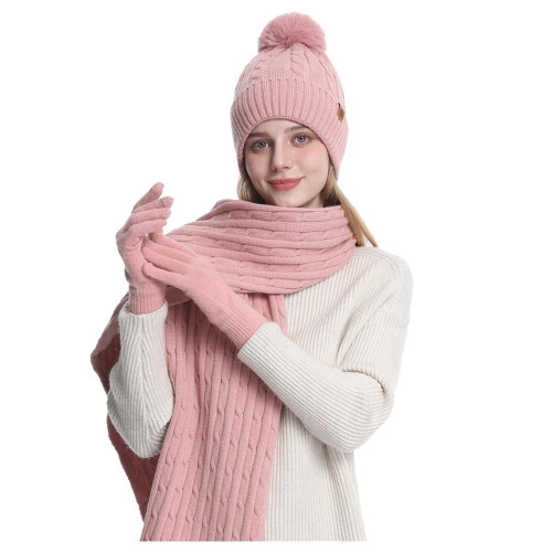 Solid Color Double Layer Wool And Thick Warm Wool Hat Scarf Gloves Three Piece Set