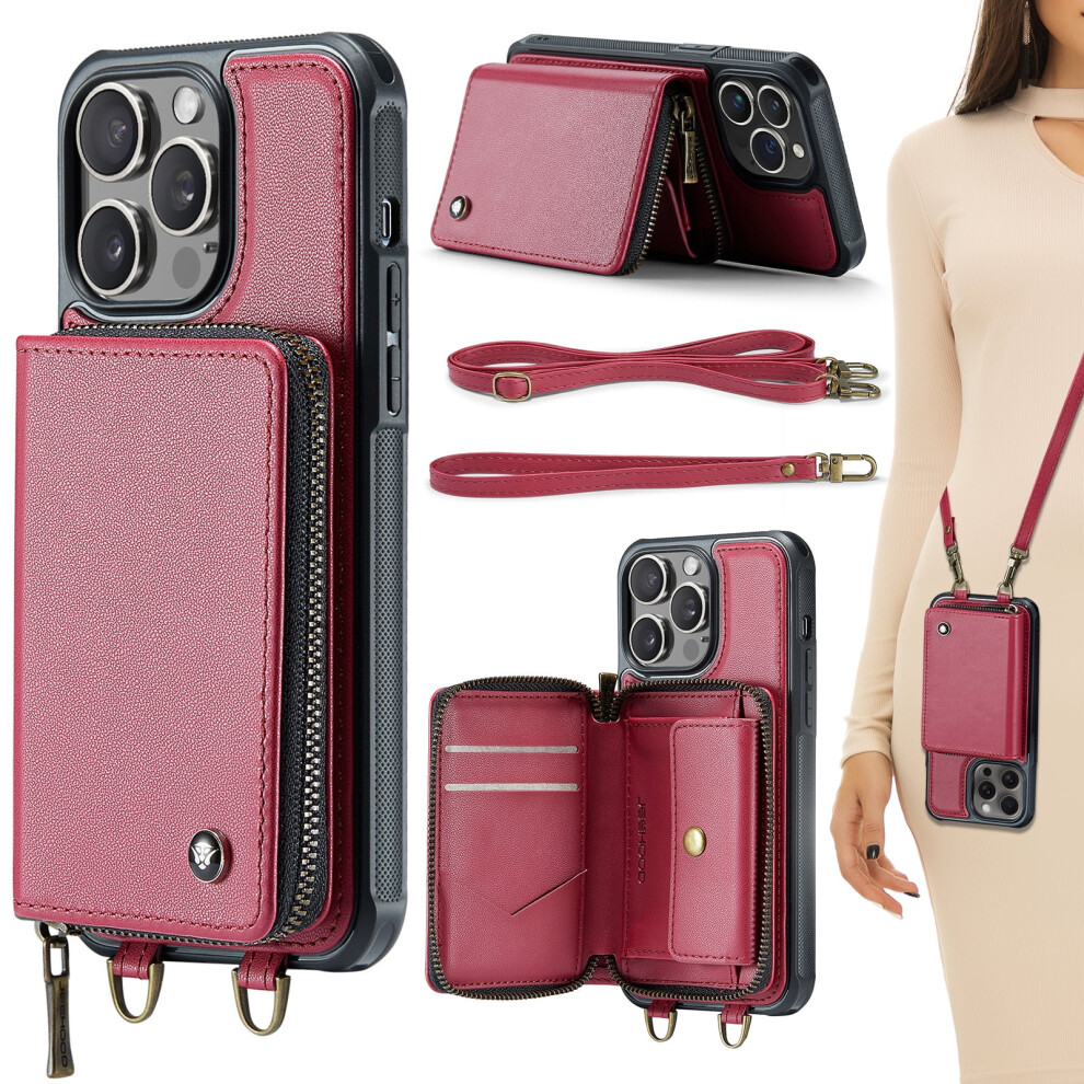 Iphone 14 Pro Max Case Wallet Â Rfid Blocking, Flip Pu Leather, Shockproof, Crossbody Zipper Purse With Kickstand & Detachable Lanyard, Red 9464372676590