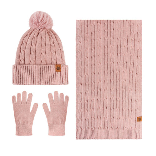 Solid Color Double Layer Wool And Thick Warm Wool Hat Scarf Gloves Three Piece Set 2