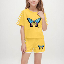 Butterfly and Checkered Sleeve Outfit Sets for Girls Boys - Soft Breathable Summer 2-Piece Shorts and Top, Ages 5-14, Yellow