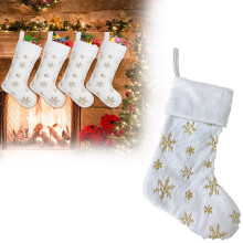 19 Zoll große, weiße Plüsch-Weihnachtsstrümpfe mit goldenen Schneeflocken-Pailletten – Kamin-, Baum- und Wanddekoration, kompatibel mit