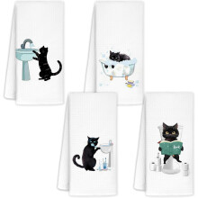 4er-Set Handtücher mit Katzenmotiv, 40 x 60 cm, schwarzes Katzenmotiv – ideal für Katzenliebhaber und Frauen – geeignet fürs Badezimmer