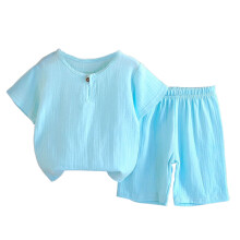 Kids Girls Play Outfit Set: Cotton Linen Henley Top & Elastic Shorts, 2-Piece Casual Summer Clothes, Sky Blue,Size 3-4T
