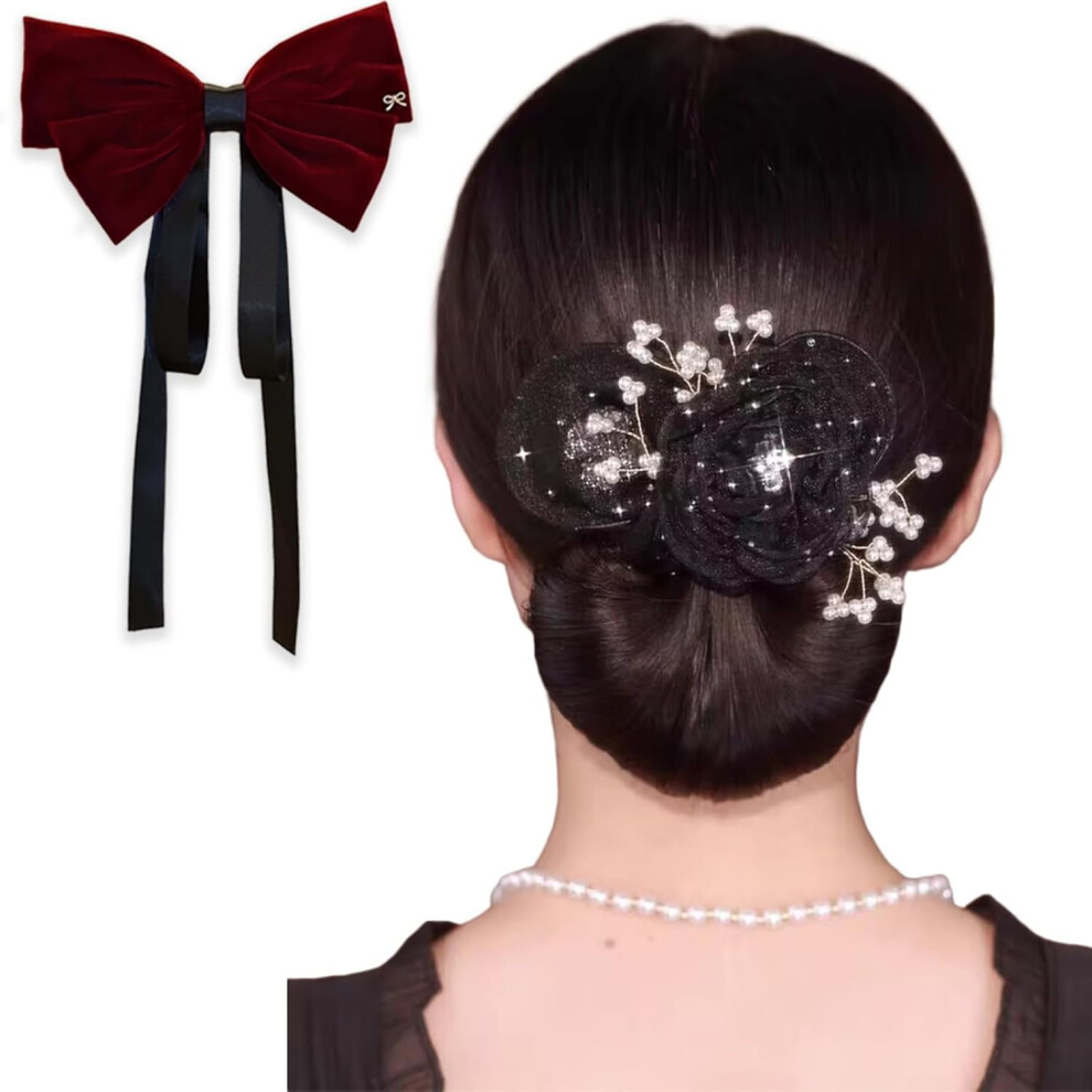 Hand Embroidered Flower Hair Bun Maker with Bows, Lazy Hair Curler, Roller, Twister, and Floral Design Dotted Exquisite (C)