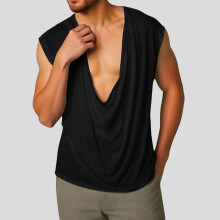 Men's Sleeveless Solid Color Sports V-Neck Base Layer Cowl Neck Vest Black Size S