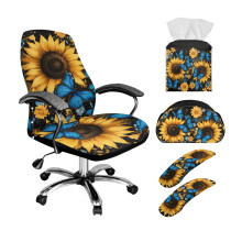 5-Pc Office Chair Cover Set w/ Armrest Protectors, Remote Holder & Tissue Organizer, Sunflower Butterfly Print, L – Compatible with XXX