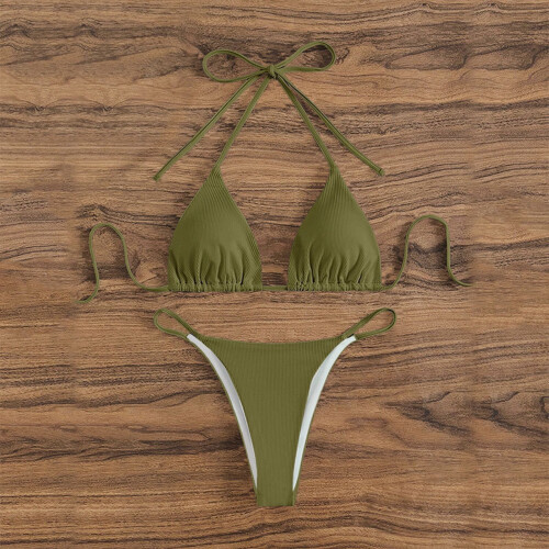 Zweiteiliger Bikini für Damen, geripptes Triangel-Oberteil, frecher String-Bikini 1