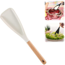 Colher de silicone multifuncional para cozinhar, com cabo de madeira, resistente ao calor e compatível com panelas antiaderentes.