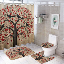 4-Piece Shower Curtain Set with Non-Slip Rug, Toilet Lid Cover & Bath Mat – Love Tree & Birds Design, Waterproof, Compatible with Standard Bathtubs