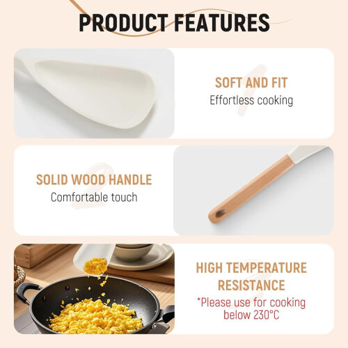 Colher de silicone multifuncional para cozinhar, com cabo de madeira, resistente ao calor e compatível com panelas antiaderentes. 2