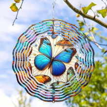 HELLOYOUNG 25 cm Metall-Windspiel-Skulptur – Schmetterlings- und Blumendesign, windaktivierte Hängedekoration für Garten, Hof, Terrasse und