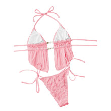 Baddräkter för kvinnor, texturerade, rygglösa, 2-delade baddräkter, fräcka, högt skurna bikiniset med stringknytning i sidan