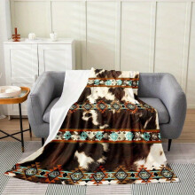 Erosebridal Cowhide Fleece Throw Blanket, 50x60", Highland Cow & Aztec Design, Soft Anti-Pilling Flannel, Western Farmhouse Decor, Multi-Color Brown