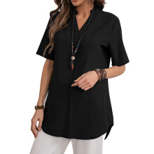 Strandfreundliche Bluse mit V-Ausschnitt aus dehnbarem, weichem und leichtem Stoff. Business-Casual-Oberteil mit Puffärmeln und Oversize-Schnitt