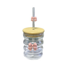 Copo de vidro com laço fofo, copo de vidro com laço retrô, copo de água canelado, copo de café gelado feminino, copo decorativo para