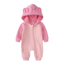 Macacão infantil masculino com capuz, zíper e mangas compridas, em blocos de cores, com bolso interno, ideal para outono/inverno, na cor rosa,