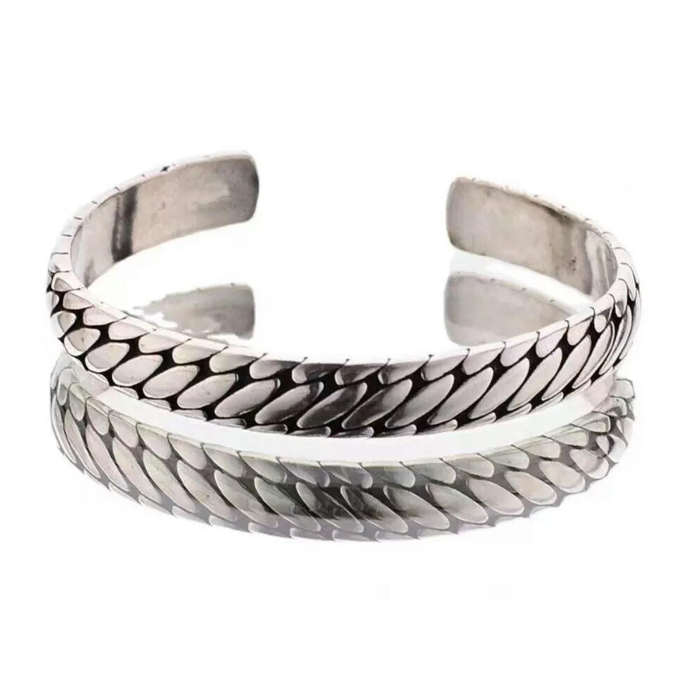 2Pcs S925 Sterling Open Bangle Personality Twisted Cuff Bracelet Men-Default Silver