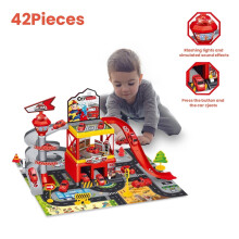 Parking Garage for Toy Car Ramp Playset with Mat & Road Signs, Wheel Track for Kids Christmas Birthday Gifts(Red)