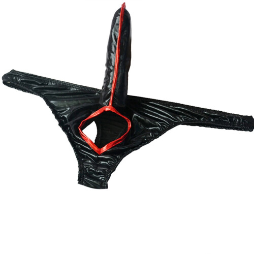 Men's leather briefs crotchless thong underwear black 1