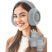 Fashion Ear Muffs for Winter Women W/Screen Touch Gloves Set, Foldable Fuzzy Earmuffs Faux Fur Warmer Covers Outdoor