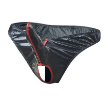 Men's leather briefs crotchless thong underwear black