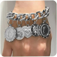 Carved Coin Pendant Ankle Bracelet in Silver Alloy