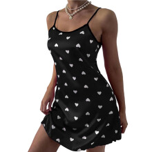 Women's Black Satin Nightdress with Contrast Heart Print, Spaghetti Strap, Skin-Friendly & Comfortable – Compatible with All Sleep Needs