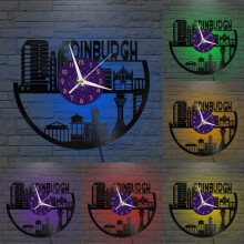 EDINBURGH stadszicht vinyl wandklok, vinyl plaat klok wanddecoratie stil en niet-tikkend (12 inch P-LED)