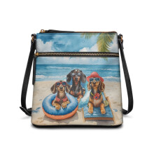 Leren crossbodytas met teckelprint voor dames – modieuze messenger schoudertas met rits en meerdere vakken, geschikt voor dagelijks gebruik of werk.