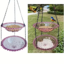 Hangend vogelbad met twee niveaus en voederbak, glazen waterbak voor wilde vogels en kolibries, decoratie voor buiten op het terras – geschikt voor