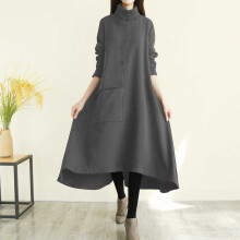 Women's Corduroy Vintage Dress High Neck Asymmetric Hem