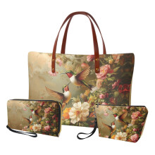 Henkeltasche-Set mit Kolibri- und Pfingstrosenmuster, inklusive Kosmetiktasche und Geldbörse – PU-Leder, geeignet für Damen-Freizeit und Dates