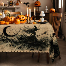 Halloween-Tischdecke – Gruselige Hexe, Fledermäuse & schwarze Katzen – Pflegeleichtes Polyester, für drinnen und draußen geeignet – Ideal