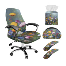 5-Piece Chair Cover Set with Armrest Covers, PU Leather Tissue Box & Remote Holder, Wildflower Print – Compatible with Standard Office Chairs