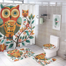 4-Pc Owl Shower Curtain Set w/ Non-Slip Rugs & Toilet Lid Mat – Waterproof, Cute Animal Pattern, Happy Mother's Day