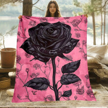Black Rose Pink Flannel Throw – 280gsm Soft Warm Blanket for Sofa, Bed, Travel, Camping, Office; All-Season Geometric Jacquard Decor