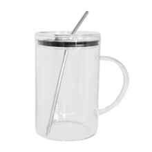 Copo de vidro borossilicato de 590 ml com tampa e canudo - Copo de boca larga à prova de vazamentos, próprio para lava-louças, ideal para café