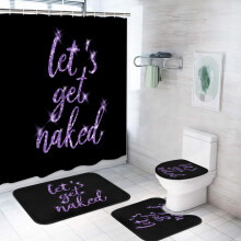 4 stk. morsomme dusjforhengsett med «Get Naked»-motiv, baderomsinnredning med tepper, sklisikkert teppe, toalettlokkdeksel