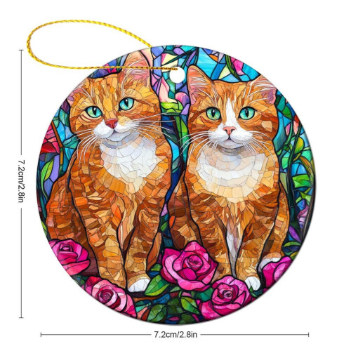 Orange Cat Ceramic Christmas Ornament – Round Keepsake Decor, Compatible with All Tree Types 1