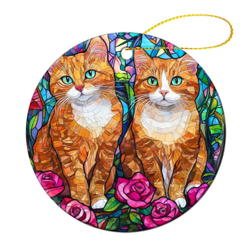 Orange Cat Ceramic Christmas Ornament – Round Keepsake Decor, Compatible with All Tree Types 2