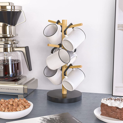 Bamboo Mug Holder Tree, Thicker Base Coffee Cup Holder Stand for Counter, Mug Rack with 6 Hooks 2
