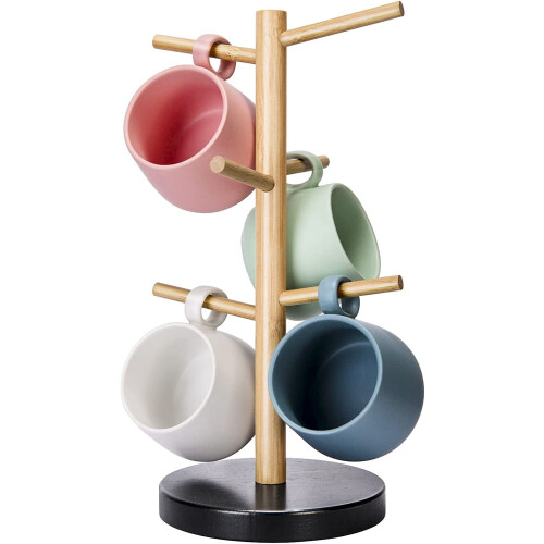 Bamboo Mug Holder Tree, Thicker Base Coffee Cup Holder Stand for Counter, Mug Rack with 6 Hooks