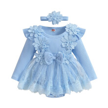 Baby-Mädchen-Stramplerkleid, Babykleid, Strampler mit Blumenmuster und Spitze, Herbst-Winter-Kleidung mit Stirnband, Blau, 12-18 Monate