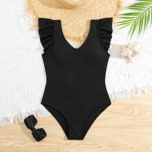 Kids One Piece Swimsuit Ruffle Black Swimsuit Deep V Tummy Tuck One Piece Swimsuit 9Y